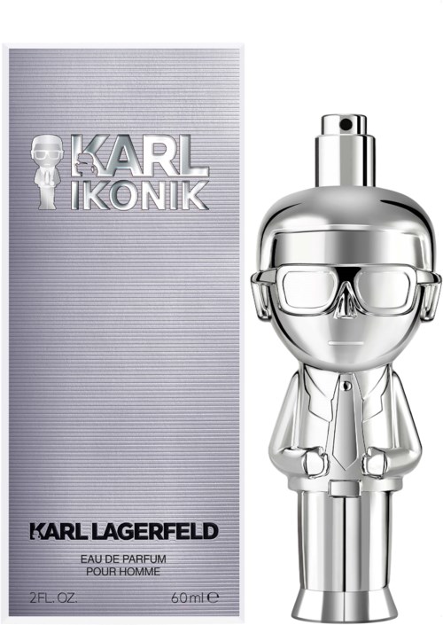 Silberner Sprühflasche, gestaltet wie eine coole Figur mit Brille und Anzug, mit Kartonetikett 'Karl Ikonik' und 'KARL LAGERFELD.'