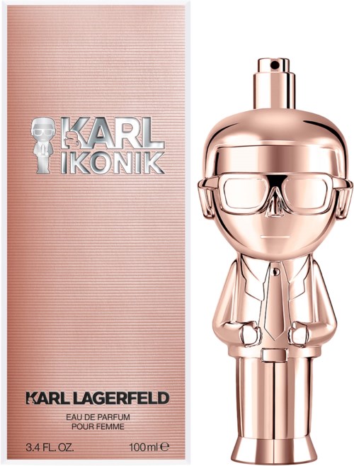 Ein Parfümflakon in Form von Karl Lagerfeld, mit einer Cartoon-Figur mit Brille und Anzug. Die Box sagt "Karl Ikonik."