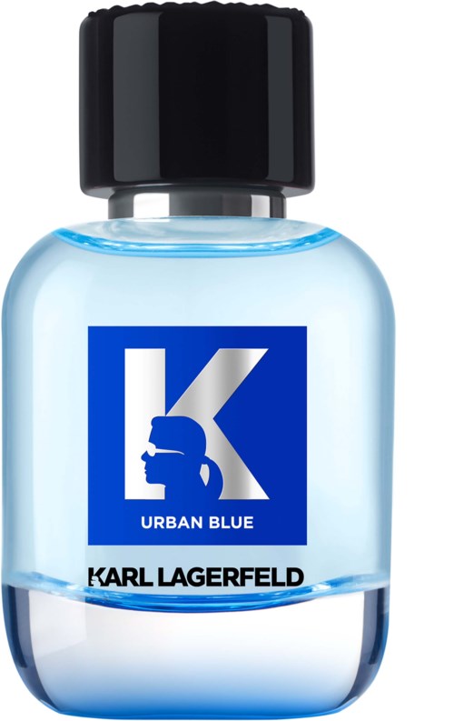 Pieni hajuvesipullo, jossa on sininen etiketti, jossa lukee 'Urban Blue' ja 'Karl Lagerfeld'.
