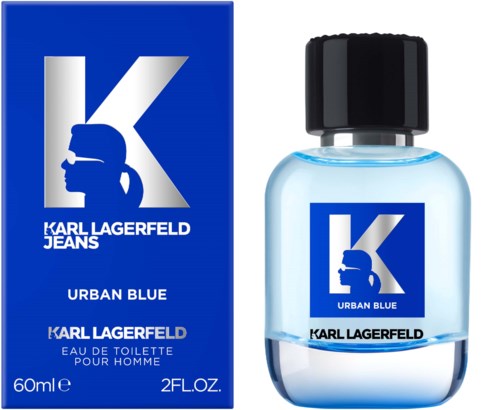 Hajuvesi ja laatikko merkitty 'Urban Blue' ja 'Karl Lagerfeld', sininen ja musta värit, logo.
