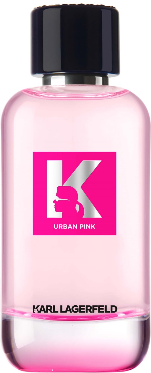 Vaaleanpunainen hajuvesipullo, musta korkki, iso vaaleanpunainen ja hopeinen 'K'-logo, ja tekstit 'Urban Pink' ja 'Karl Lagerfeld.'