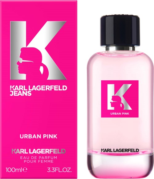 Pinkki hajuvesilaatikko ja pullo, suuri 'K'-logo ja pinkki etiketti, nimeltään 'Urban Pink' Karl Lagerfeldilta.