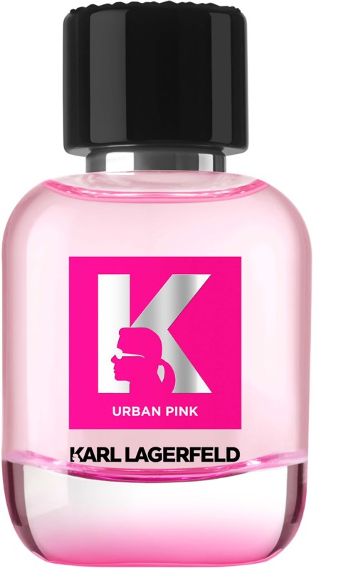Pieni vaaleanpunainen hajuvesipullo, jossa musta korkki, merkinnällä "Karl Lagerfeld" ja "Urban Pink," isolla pinkillä logolla.