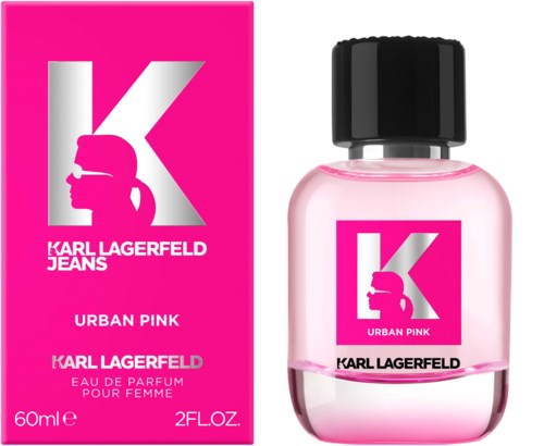 Parfyymipullo ja laatikko vaaleanpunaisessa värissä, iso kirja 'K', siluetti miesläolyllä ja sanat 'Urban Pink' ja 'Karl Lagerfeld'.