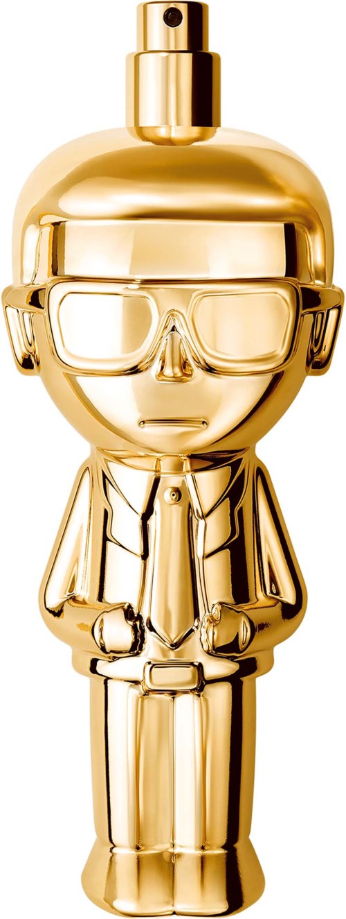 Eine goldene Sprühflaschenfigur mit Sonnenbrille, Anzug und Krawatte steht aufrecht.
