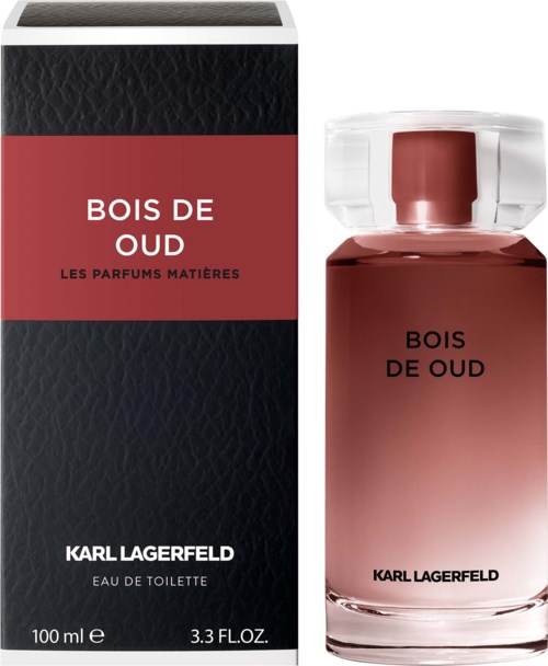 A Karl Lagerfeld Bois de Oud perfume bottle and its packaging box with black and red design.