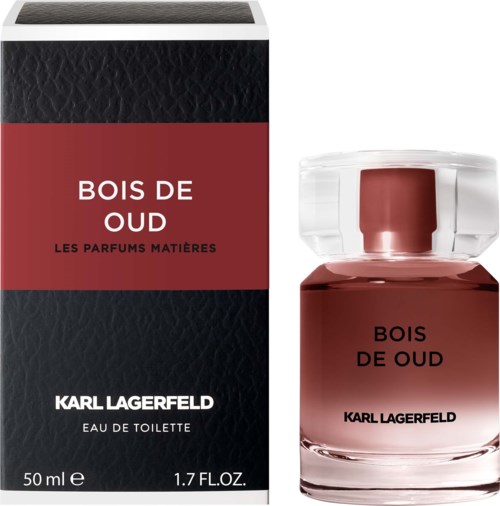 Perfume bottle and packaging for Bois de Oud by Karl Lagerfeld, 50 ml size, with black and red design.