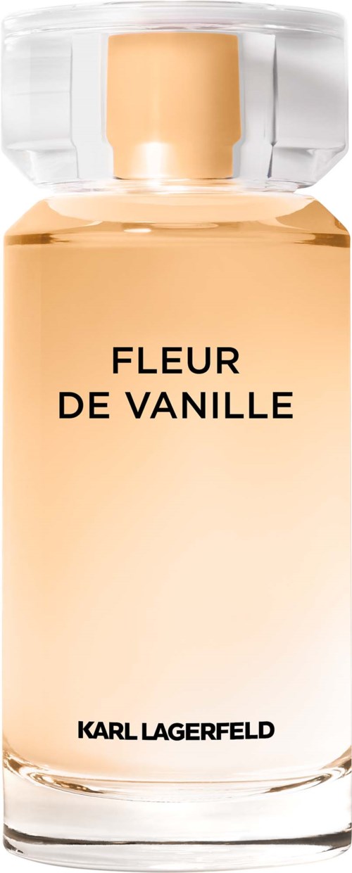 Cream-colored perfume bottle with black text Fleur De Vanille and Karl Lagerfeld.
