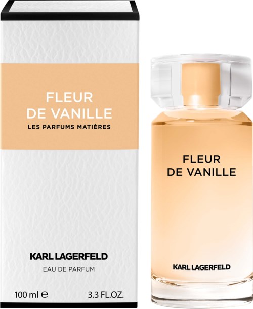 Perfume bottle and box for Fleur de Vanille by Karl Lagerfeld, with beige and clear packaging.