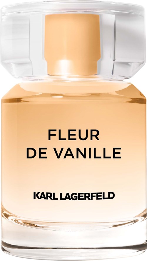 A perfume bottle with a clear glass body, gold cap, and a label that reads Fleur de Vanille by Karl Lagerfeld.