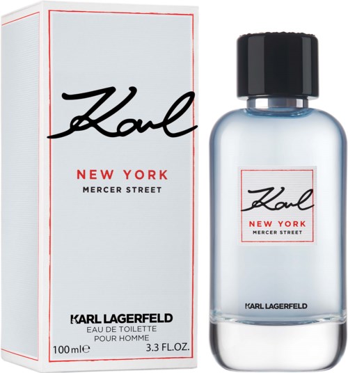 Ein Parfühflasche und eine Packung mit Karl Lagerfelds Logo, mit den Worten 'New York' und 'Mercer Street' in einfachen Farben.