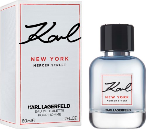 Ein Parfümflasche und eine Verpackung mit Karl Lagerfelds Namen, New York und Mercer Street.