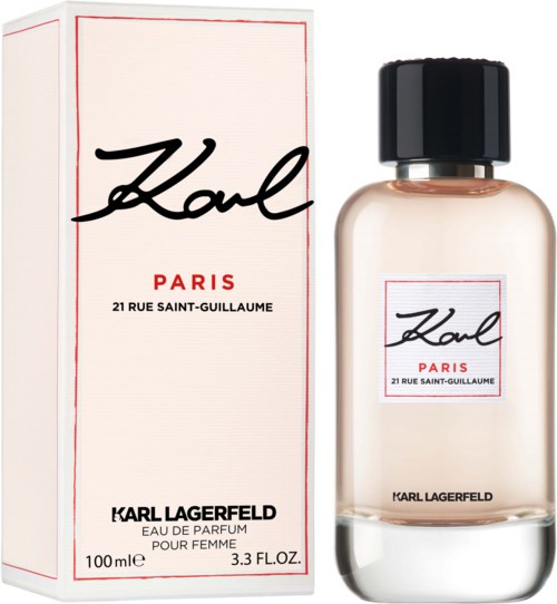 Ein Parfümflasche und eine Packung mit Karl Lagerfeld-Logo, Paris, und Adresse, 100 ml.