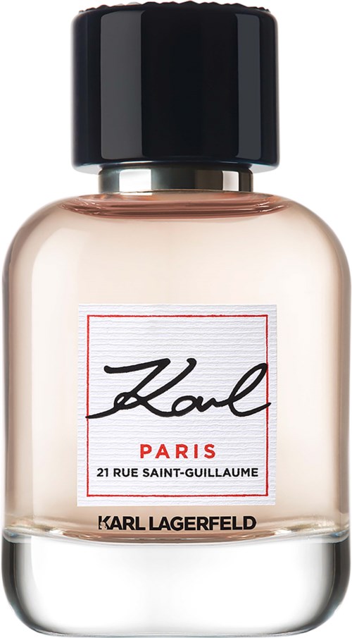 Ein Parfümflasche mit schwarzem Deckel, Marke Karl Paris, französische Adresse, und weißem Hintergrund.
