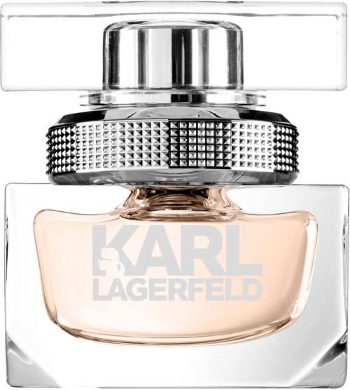 Ein Karl Lagerfeld Parfümflasche mit klarem, rechteckigem Glasdesign und silberner Kappe.