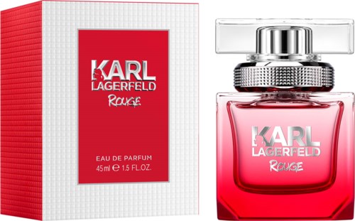 Ein Parfümflasche und eine Box in Rot und Silber, beschriftet 'KARL LAGERFELD ROUGE'.