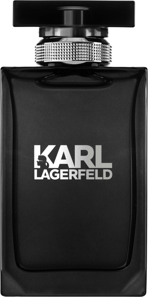 Eine schwarze Parfüfflasche mit einem silbernen und schwarzen Deckel beschriftet 'KARL LAGERFELD.'