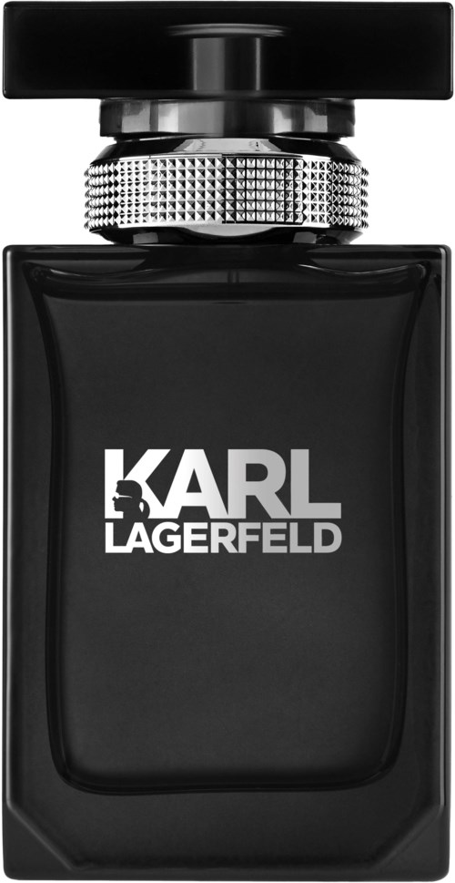 Eine schwarze Parfüfflasche mit silberner Kappe und dem Schriftzug 'Karl Lagerfeld'.