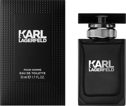 Eine schwarze Flasche Karl Lagerfeld Herrenparfüm mit passender Schachtel, mit fettem weißen Text und strukturierter Kappe.