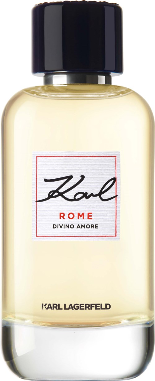 Een doorzichtige glazen fles met een zwart deksel, bevat parfum met het label Karl Lagerfeld Karl Rome, Divino Amore.