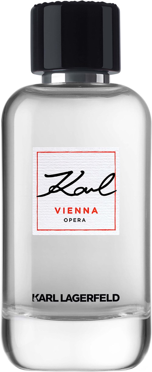 Een doorzichtige parfumfles met zwarte dop, label zegt 'Karl Lagerfeld Vienna Opera'.