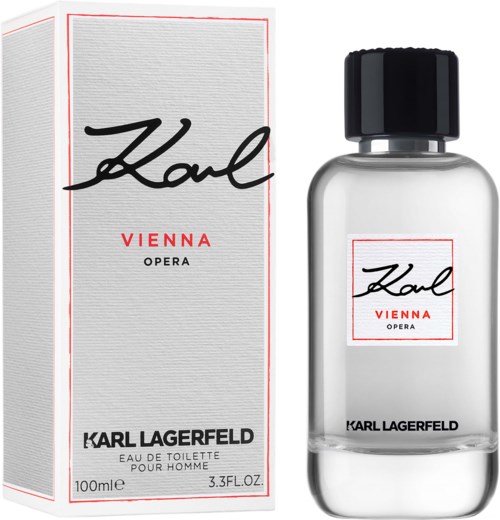 Een doos en fles Karl Lagerfeld Vienna Opera parfum met zwarte en rode tekst, heldere fles, zwarte dop.