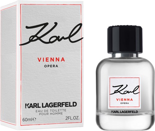 Hajuvesipullo ja laatikko, joissa lukee 'Karl Lagerfeld Vienna Opera' punaisella ja mustalla tekstillä, yksinkertainen valkoinen pullo.