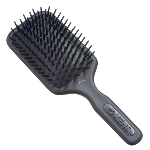 A hairbrush with a handle, black bristles, and labeled 'Kenfi' on the handle. It has a wide surface for brushing hair.