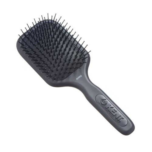 A black hairbrush with a handle and many bristles.