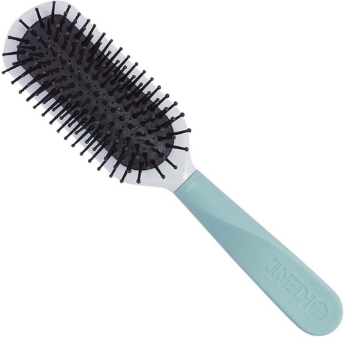 A hairbrush with black bristles and a light blue handle.
