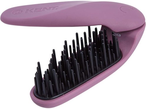 A pink hairbrush with black bristles, shaped like a folding compact brush.