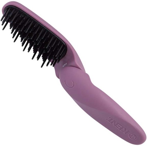 A pink hairbrush with a curved handle and black bristles. It is designed for hair grooming.