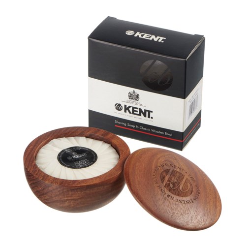 A wooden shaving bowl with a lid and a pack of shaving soap. Labels show brand Kent and product details.