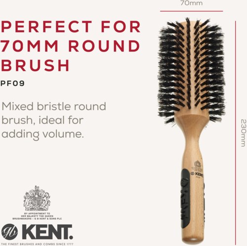 This is a mixed bristle round brush designed for adding volume to hair. It is 70mm wide and 230mm long.