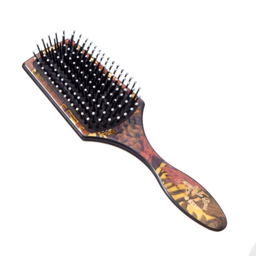 A wooden hairbrush with black bristles and a colorful, patterned handle.