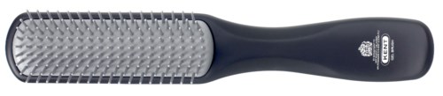 Eine Haarbürste mit schwarzem Griff und Metallborsten, geeignet zum Stylen der Haare.