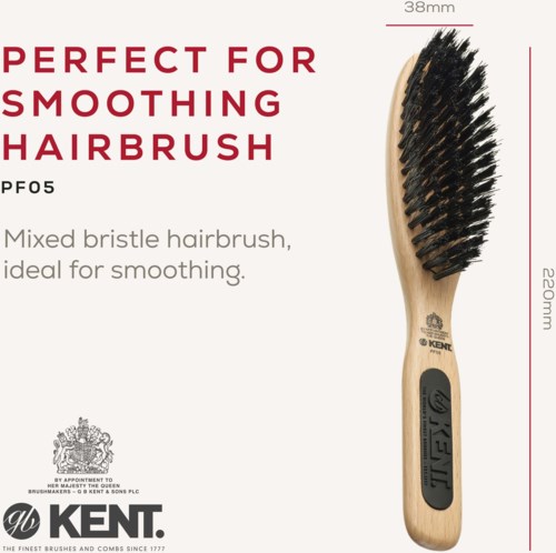 A wooden brush with black bristles, 38mm wide and 220mm long, designed for smoothing hair.