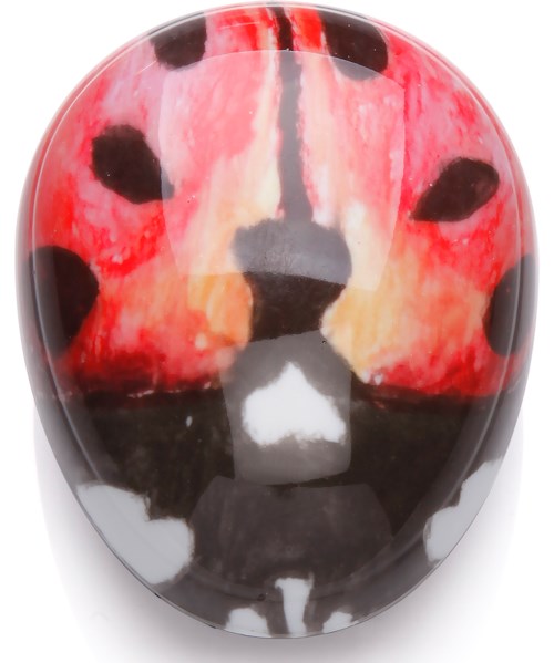 A glossy, rounded object with a watermelon-themed design, including red, green, and black colors resembling fruit and seeds.