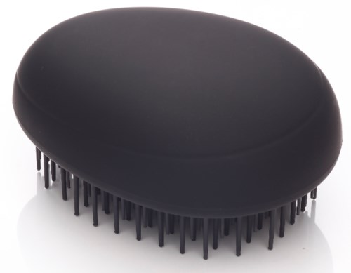 Een zwarte, ovale elektronische device met veel kleine metalen pinnetjes rondom.
