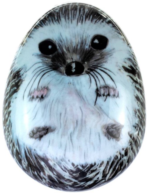 A cute, cartoon-style illustration of a hedgehog with big eyes and tiny paws, wrapped in a round shape.