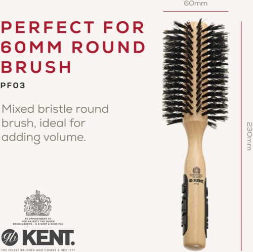 A mixed bristle round hairbrush for adding volume, 60mm in size, with a wooden handle and black bristles.