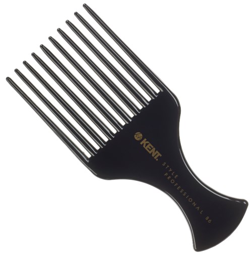 A black hair pick with metal prongs and the words "KENT" and "Professional 86" written on it.