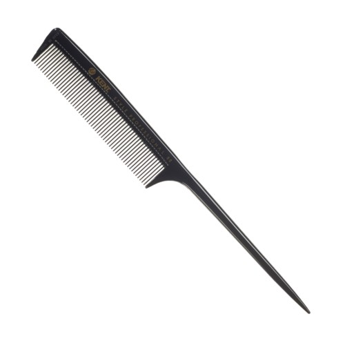 A black comb with fine teeth and a long handle. It is used for untangling hair.