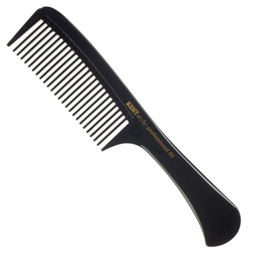 A black comb with fine teeth, labeled 'KENT style professional 83', used for hairstyling.