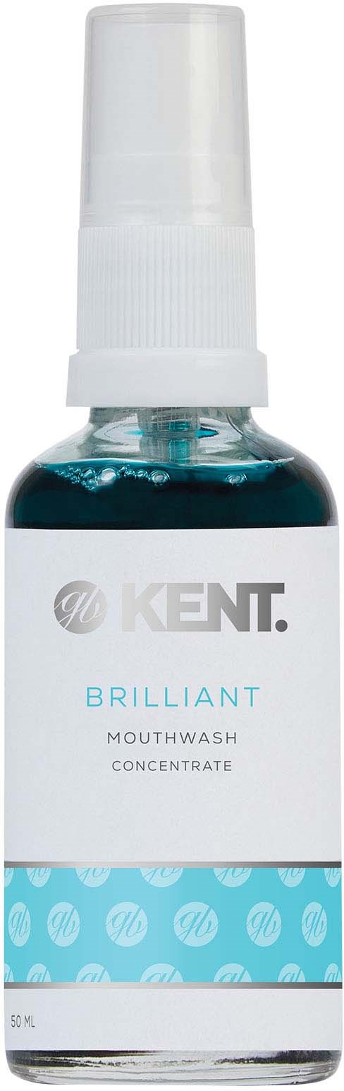 A small bottle with a spray top, labeled "KENT BRILLIANT Mouthwash Concentrate" and blue dots design.