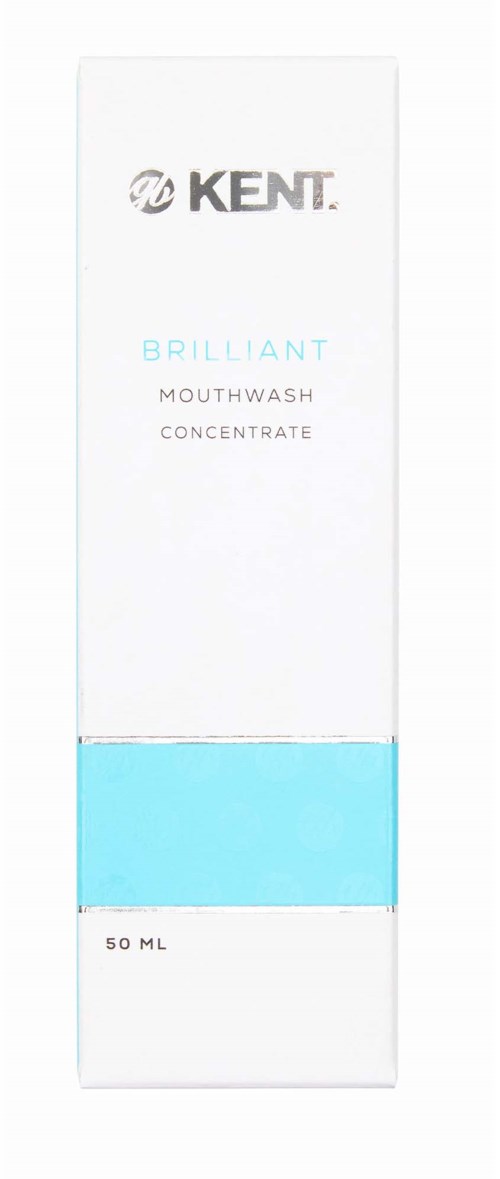 A white box with blue at the bottom, labeled Kent Brilliant Mouthwash Concentrate, 50 ml.