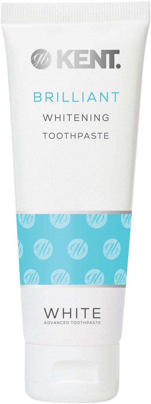 A white tube of toothpaste with blue and gray writing, labeled 'KENT BRILLIANT WHITENING TOOTHPASTE'.