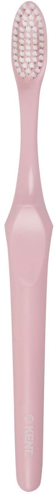 A pink toothbrush with a long handle and soft bristles.
