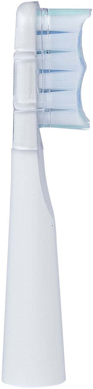 A white electric toothbrush with transparent blue bristles and a sleek handle design.