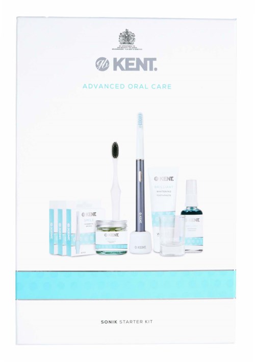 A dental care kit with a toothbrush, toothpaste, mouthwash, and other dental products on a white background.